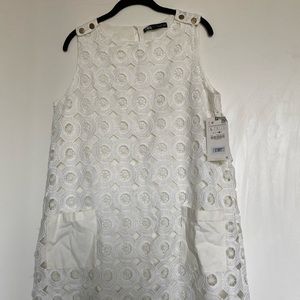 Zara white eyelet shift dress with gold button detail size L